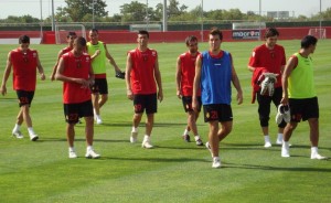 Los jugadores del Mallorca en el entreno esta mañana. Foto GCV